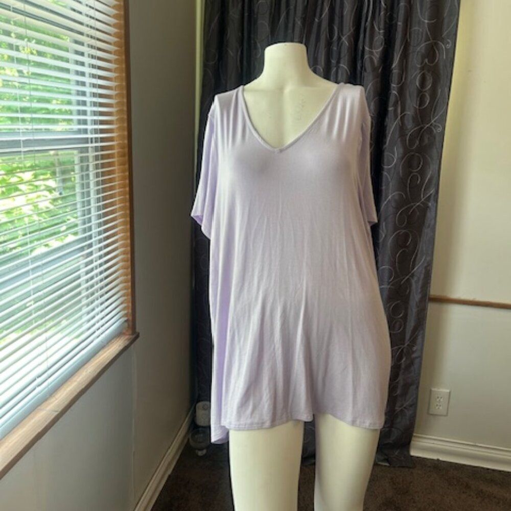 QVC Lavendar V-neck front & back with sheer floating back & strap tunic, size 3X